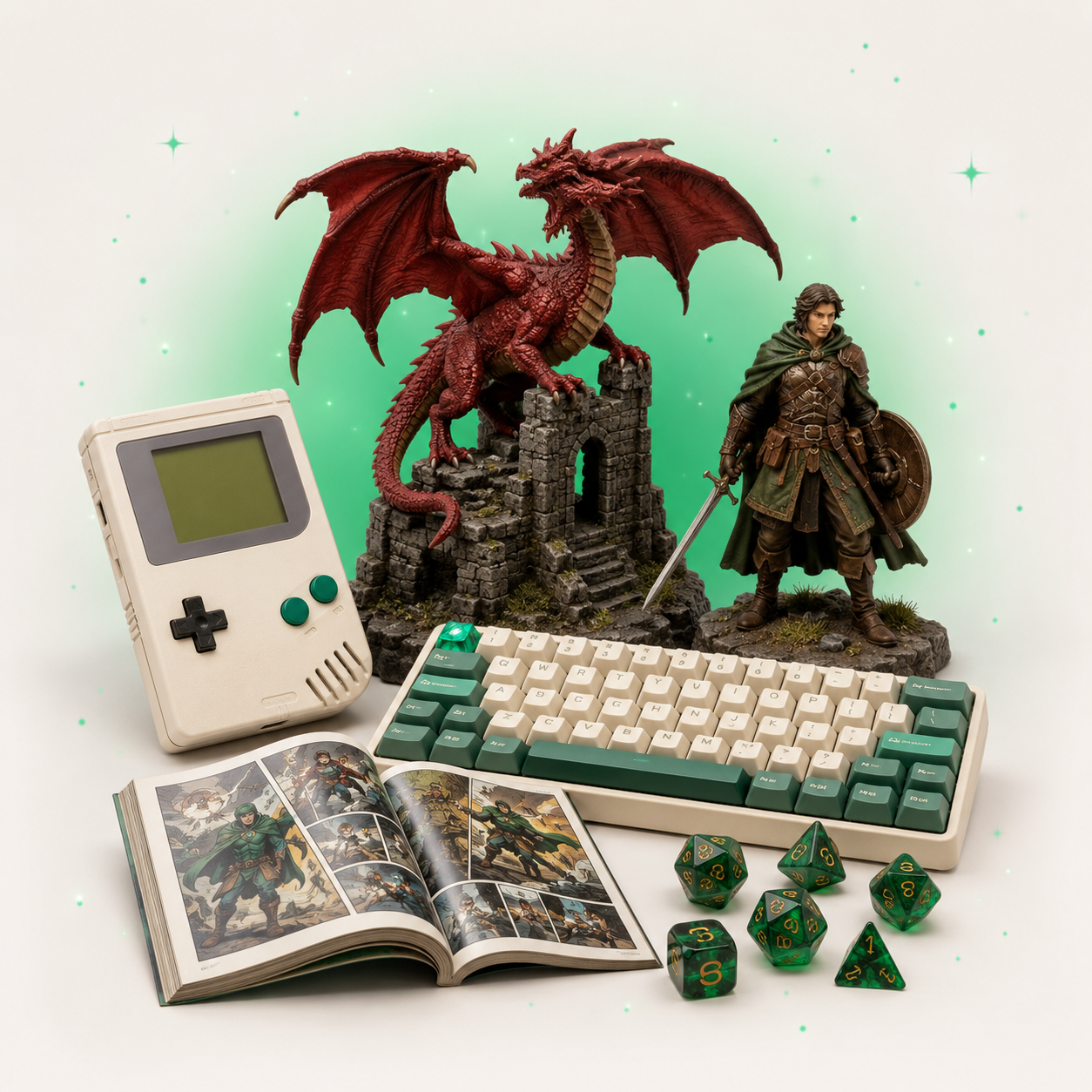 D&D dice, Game Boy, comic book, mech keyboard, dragon mini and a Funko figurine — the Nerd Culture deal feed